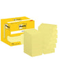 Ένα κίτρινο κουτί σημειώσεων Post-it® Notes, Κίτρινο, 38 mm x 51 mm, 100 φύλλα/μπλοκ, 12 μπλοκ/συσκευασία της 3M Deutschland GmbH απεικονίζεται δίπλα σε δέκα στοίβες κίτρινων σημειώσεων. Και τα δύο φέρουν το λογότυπο Post-it και την επιγραφή 3M.