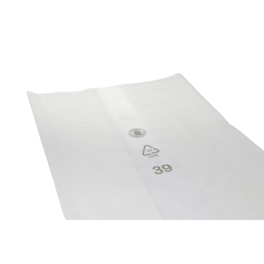 Διαφανής σακούλα απορριμμάτων DEISS PREMIUM 240 λίτρων της EMIL DEISS KG με σύμβολα ανακύκλωσης, τον αριθμό 39 και την εκτύπωση "04 LDPE" σε μαύρο πάνω σε λευκό φόντο.