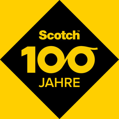 Eine gelbe Raute mit schwarzem Mittelpunkt zeigt in gelber Farbe "Scotch 100 Jahre", wobei die "100" als Rollen des Scotch® Box Lock™ Verpackungsklebebandes 3950-LR3-DC (48 mm x 50 m, 3 Rollen/Packung) der 3M Deutschland GmbH stilisiert ist.