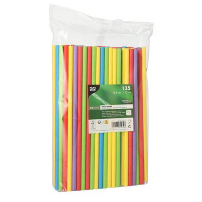 Μια διαφανής σακούλα με 135 πολύχρωμα, φιλικά προς το περιβάλλον καλαμάκια σε χρώματα κόκκινο, κίτρινο, πράσινο και μπλε της PAPSTAR GmbH. Η συσκευασία είναι εφοδιασμένη με μια ετικέτα με πληροφορίες προϊόντος.