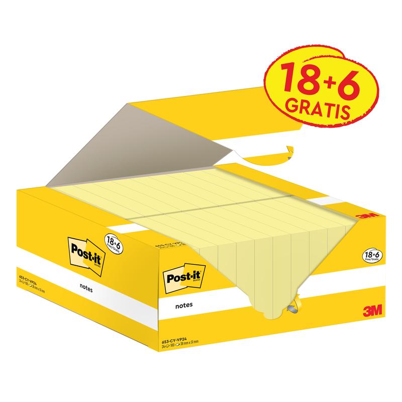 Ένα ανοιχτό κουτί σημειώσεων Post-it® Notes, Κίτρινο (38 mm x 51 mm, 100 φύλλα/μπλοκ), της 3M Deutschland GmbH αποκαλύπτει πολλά κίτρινα χαρτάκια. Η συσκευασία προσφέρει 18 μπλοκ + 6 δωρεάν και φέρει το περιβαλλοντικό σήμα PEFC.