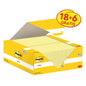 Ένα ανοιχτό κουτί σημειώσεων Post-it® Notes, Κίτρινο (38 mm x 51 mm, 100 φύλλα/μπλοκ), της 3M Deutschland GmbH αποκαλύπτει πολλά κίτρινα χαρτάκια. Η συσκευασία προσφέρει 18 μπλοκ + 6 δωρεάν και φέρει το περιβαλλοντικό σήμα PEFC.