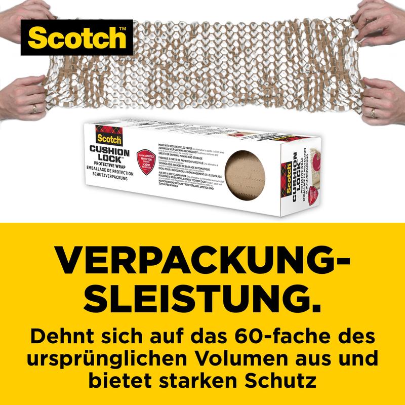 Δύο χέρια κυλούν την Scotch™ Cushion Lock™ προστατευτική συσκευασία (30,4 εκ. x 9,14 μ., 1 ρολό/συσκευασία) από την 3M Deutschland GmbH πάνω από ένα κουτί. Ιδανικό για ευαίσθητα αντικείμενα - επεκτείνεται και προσφέρει ισχυρή προστασία.