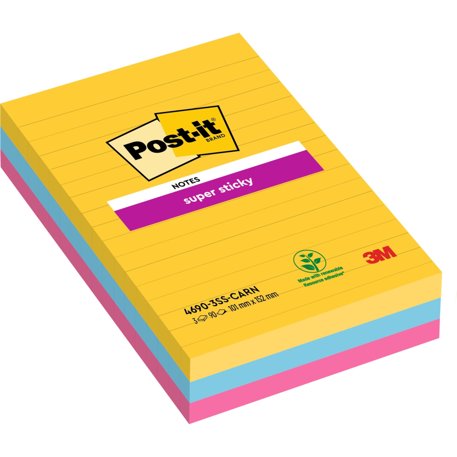 Eine Packung Post-it® Super Sticky Notes, liniert und im Großformat (101 mm x 152 mm, 90 Blatt/Block), von 3M Deutschland GmbH. Hergestellt aus 100% PEFC-zertifiziertem Papier. Farben: gelb, blau und rosa; Verpackung mit umweltfreundlichem Etikett.