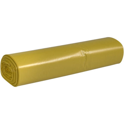 Ένα ρολό σάκων απορριμμάτων Abena Re-Seller GmbH 70 L (575x1000 mm, 32 my LDPE) βρίσκεται οριζόντια σε λευκό φόντο. Οι λείοι, γυαλιστεροί κίτρινοι σάκοι είναι σφιχτά συσκευασμένοι και ιδανικοί για αποδοτική διάθεση απορριμμάτων.