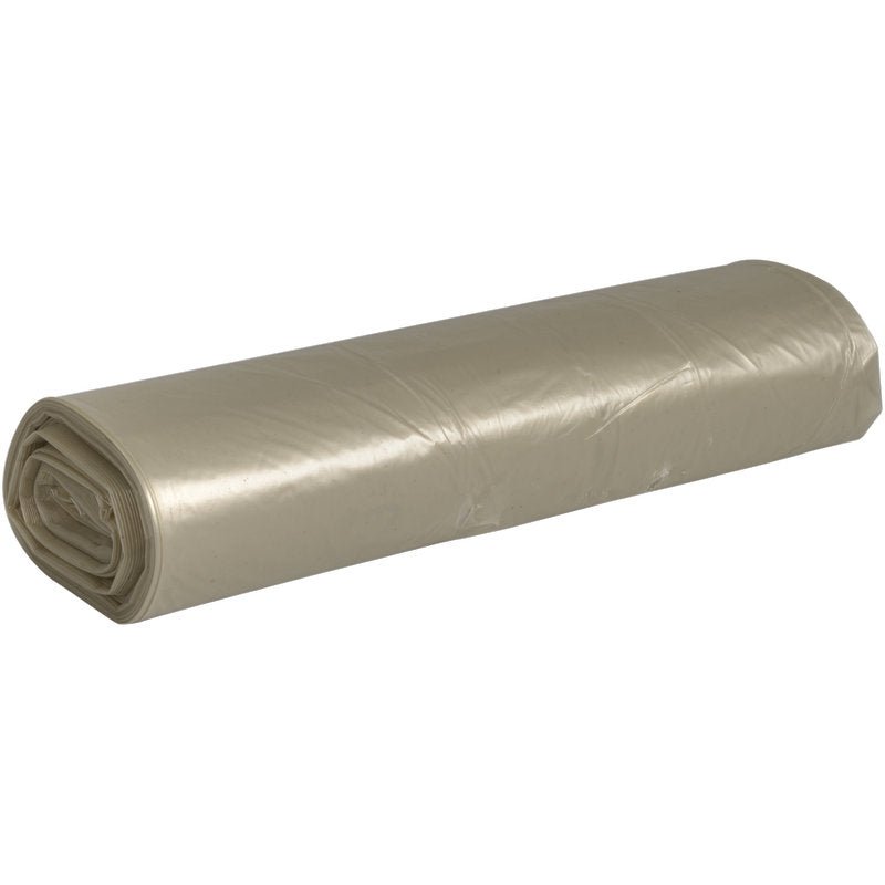 Ένα ρολό σάκων απορριμμάτων Abena Re-Seller GmbH 70 L (575x1000 mm, 32 my LDPE) σε μπεζ είναι σφιχτά τυλιγμένο και τοποθετημένο σε λευκή επιφάνεια - τέλειο για αποδοτική διάθεση απορριμμάτων.