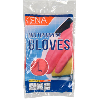 Eine durchsichtige Plastikverpackung enthält ein Paar gelbe ENA Multipurpose Haushaltshandschuhe Latex von Abena Re-Seller GmbH, beschriftet mit "GLOVES L", mit der Größe 8½-9 (L) und einer Abbildung der Handschuhe am unteren Rand.
