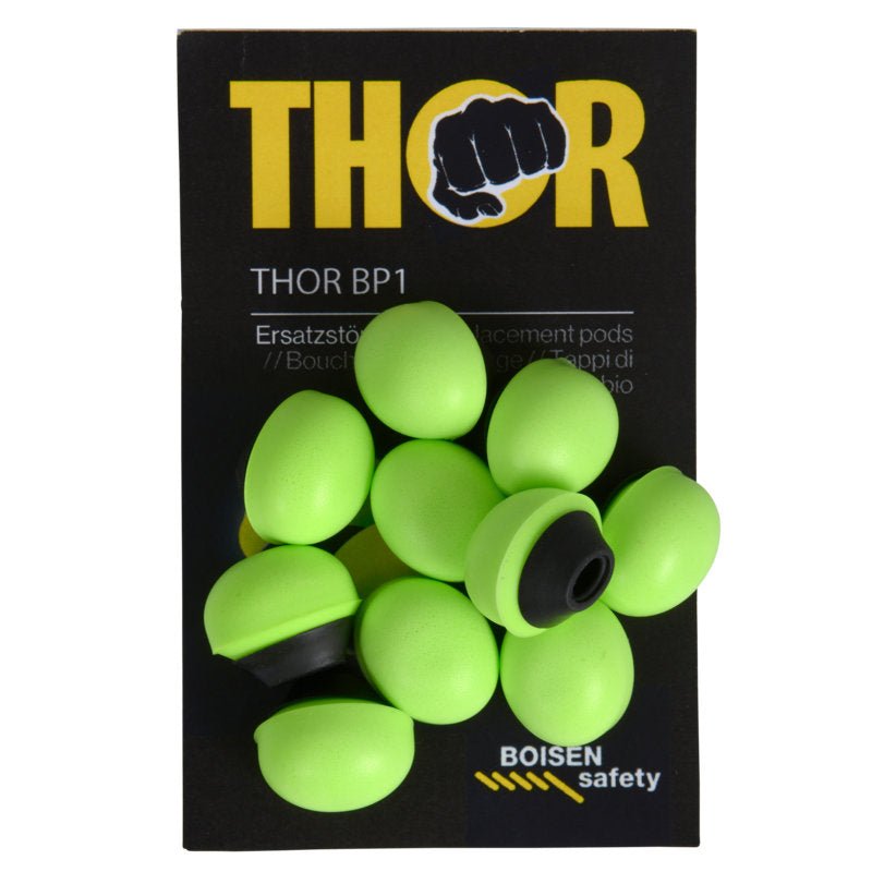 Μια συσκευασία "Thor Refill για ωτοασπίδες (812011)" της Abena Re-Seller GmbH περιέχει 60 ανοιχτοπράσινα ανταλλακτικά ωτοασπίδων με μαύρους δακτυλίους, που βρίσκονται σε μια μαύρη κάρτα με το λογότυπο ασφαλείας BOISEN στο κάτω μέρος.