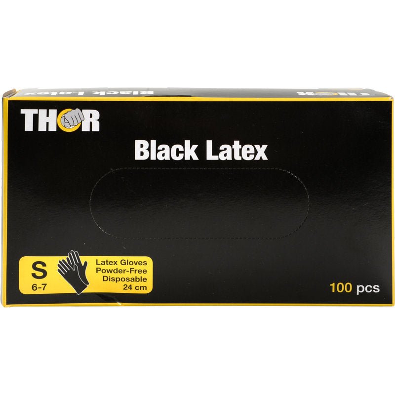 Ένα μαύρο κουτί από την Abena Re-Seller GmbH, με την επιγραφή "Thor Black Latex, χωρίς πούδρα", περιέχει 100 μαύρα γάντια λατέξ, μέγεθος S (6-7), 24 cm μήκος· η συσκευασία δείχνει λευκά και κίτρινα γράμματα σε μαύρο φόντο.