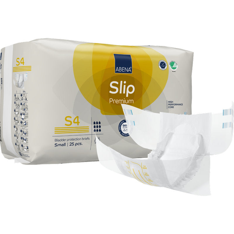 Eine 25-Stück-Packung ABENA Slip Premium von Abena Re-Seller GmbH, Größe small. Vor der Packung ist ein geöffneter Slip abgebildet, um das Design und die Eigenschaften für eine effektive Inkontinenzversorgung hervorzuheben.