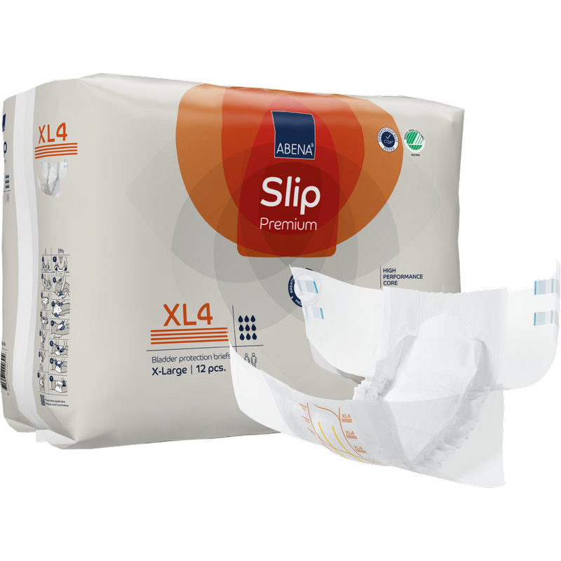 Abgebildet ist eine Verpackung von ABENA Slip Premium der Abena Re-Seller GmbH mit Branding und Ausstattung. Vorne ist eine aufgefaltete Windel zu sehen. Die Packung enthält 12 extragroße Stücke für eine optimale Inkontinenzversorgung.