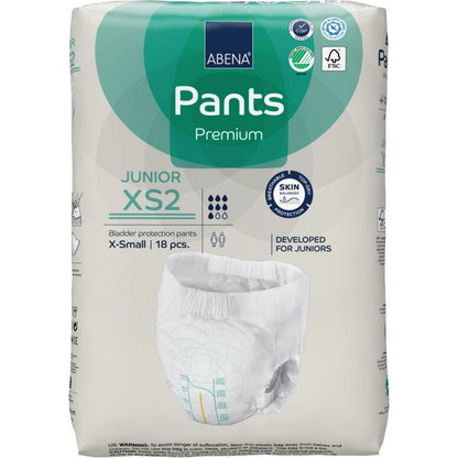 Ένα πακέτο ABENA Pants Junior Premium, Μέγεθος XS2 (18 κομμάτια) από την Abena Re-Seller GmbH προσφέρει προστασία από την ακράτεια για τους νέους. Η συσκευασία δείχνει χαρακτηριστικά προϊόντος, λογότυπα πιστοποίησης και μια εικόνα της πάνας.