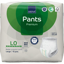Eine Packung ABENA Pants Premium L von Abena Re-Seller GmbH, Größe large, 15 Stück, in grün-weißer Verpackung mit Symbolen für Auslaufschutz, hohe Saugfähigkeit, Zertifizierungen und Hautschutz.