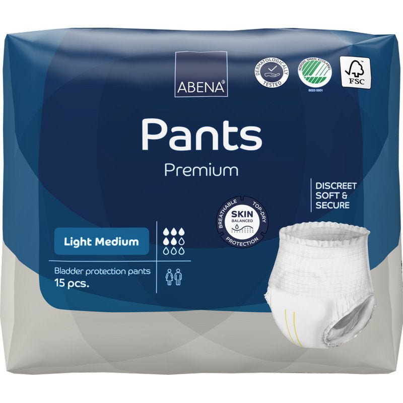 Μια συσκευασία των 15 τεμαχίων ABENA Pants Light της Abena Re-Seller GmbH προσφέρει διακριτική, απαλή και ασφαλή άνεση, με προστασία του δέρματος, σε μπλε-λευκή συσκευασία.