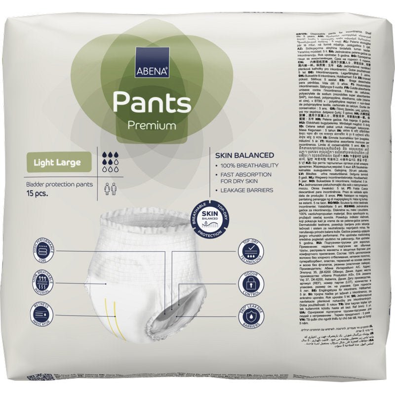 Μια συσκευασία ABENA Pants Light της Abena Re-Seller GmbH (15 τεμάχια) προσφέρει προστασία από την ακράτεια ούρων που επιτρέπει την αναπνοή, με γρήγορη απορρόφηση, μηχανισμό αποτροπής διαρροής και προστασία του δέρματος — το διακριτικό σας εσώρουχο για αξιόπιστη φροντίδα σε περιπτώσεις ακράτειας.