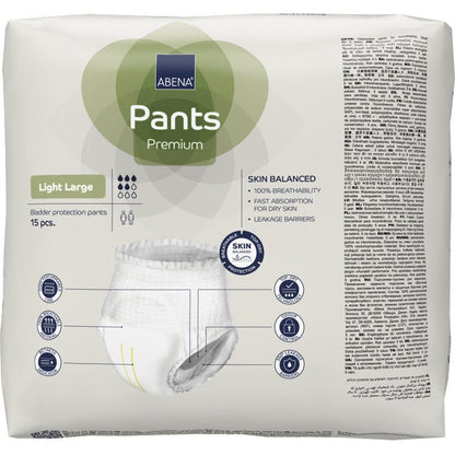 Μια συσκευασία ABENA Pants Light της Abena Re-Seller GmbH (15 τεμάχια) προσφέρει προστασία από την ακράτεια ούρων που επιτρέπει την αναπνοή, με γρήγορη απορρόφηση, μηχανισμό αποτροπής διαρροής και προστασία του δέρματος — το διακριτικό σας εσώρουχο για αξιόπιστη φροντίδα σε περιπτώσεις ακράτειας.