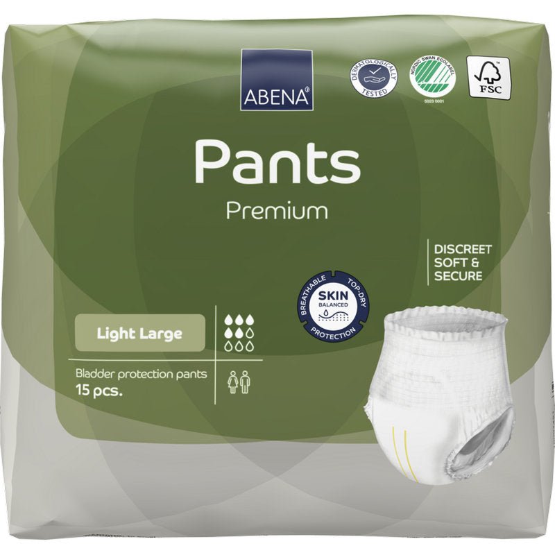 Συσκευασία 15 τεμαχίων ABENA Pants Light της Abena Re-Seller GmbH, μεγάλο μέγεθος, με πράσινη συσκευασία για την προστασία του δέρματος και απαλή, ασφαλή εφαρμογή – το ιδανικό παντελόνι μίας χρήσης για διακριτική προστασία από την ακράτεια ούρων.