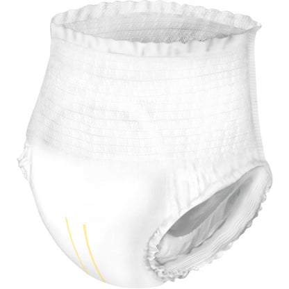 Τα ABENA Pants Light της Abena Re-Seller GmbH είναι παντελόνια μίας χρήσης για ενήλικες με ελαστική ζώνη μέσης και ανοίγματα στα πόδια· είναι λευκά με δύο απαλές κίτρινες γραμμές στο κάτω μπροστινό μέρος.