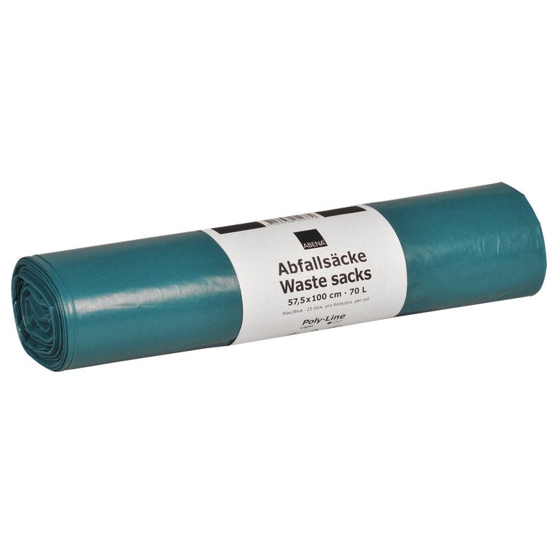 Ένας τυλιγμένος μπλε σάκος απορριμμάτων Abena Re-Seller GmbH LDPE 70 L (575x1000 mm, 32 my) με μια λευκή ετικέτα, ιδανικός για τη διάθεση απορριμμάτων.