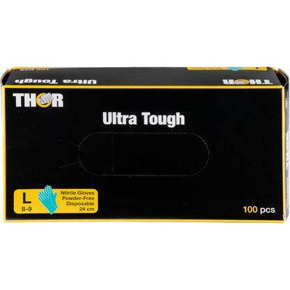 Eine grüne Box mit der Aufschrift "Thor Ultra Tough" von Abena Re-Seller GmbH enthält 100 große, puderfreie Einweg-Nitrilhandschuhe (Größe 8-9, 24 cm) - ideal für Outdoor-Aktivitäten. Neben der Größenangabe erscheint eine blaue Handschuhabbildung.