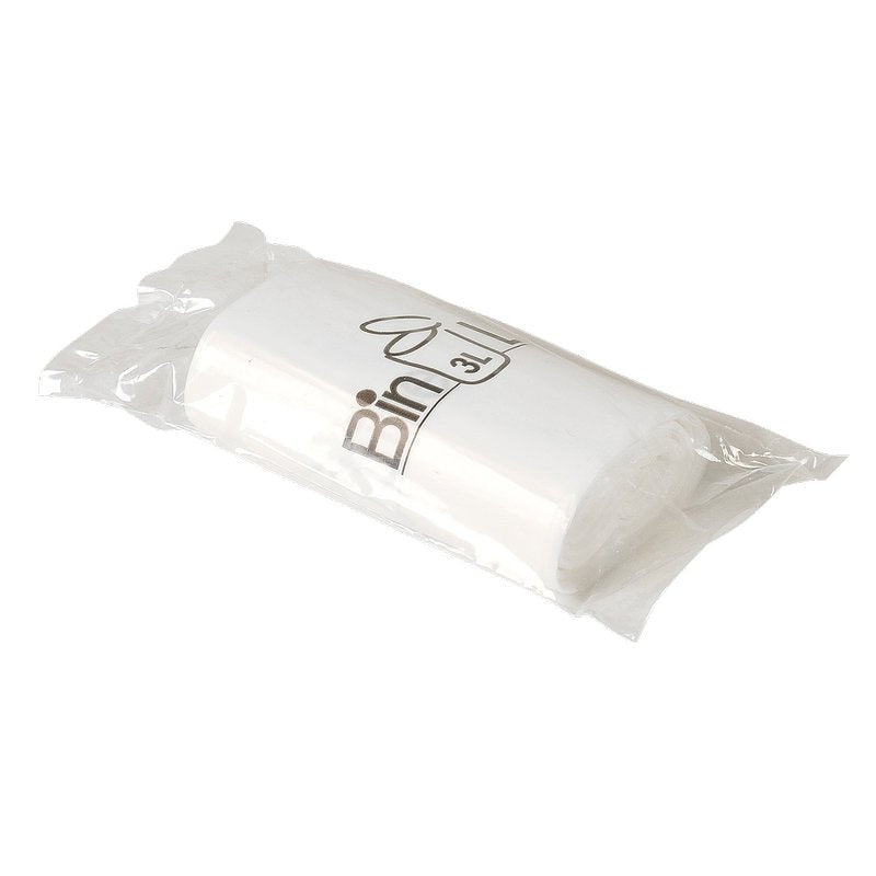 Ένας ρόλος της Abena Re-Seller GmbH Bin Line σακούλες 3 L, 290x350 mm, από λευκό LLDPE (10 my), σε διαφανές πλαστικό με "Bin 3L" και εικονίδιο κάδου απορριμμάτων. Περιέχει 20 ανθεκτικές σακούλες απορριμμάτων ανά ρόλο.