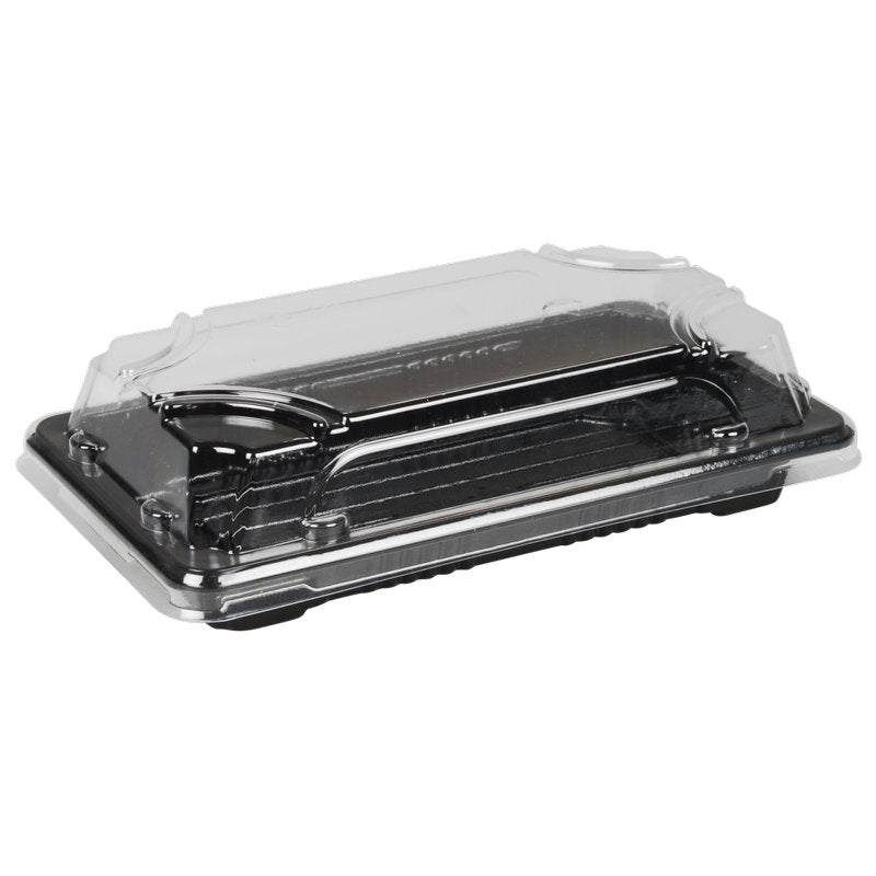 Η Abena Re-Seller GmbH Sushi-to-go Kombi-Pack είναι ένα μαύρο, ορθογώνιο δοχείο τροφίμων από πλαστικό με διαφανές καπάκι με μεντεσέ, κλειστό και άδειο, ιδανικό για φρέσκο σούσι ή για φαγητό στο δρόμο, απεικονίζεται σε απλό λευκό φόντο.