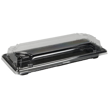 Το Sushi-to-go Kombi-Pack της Abena Re-Seller GmbH είναι ένας μαύρος πλαστικός δίσκος σούσι μίας χρήσης με διαφανές καπάκι, κλειστό και άδειο - ιδανικό για φρέσκο σούσι ή για φαγητό στο δρόμο - και απεικονίζεται σε λευκό φόντο.
