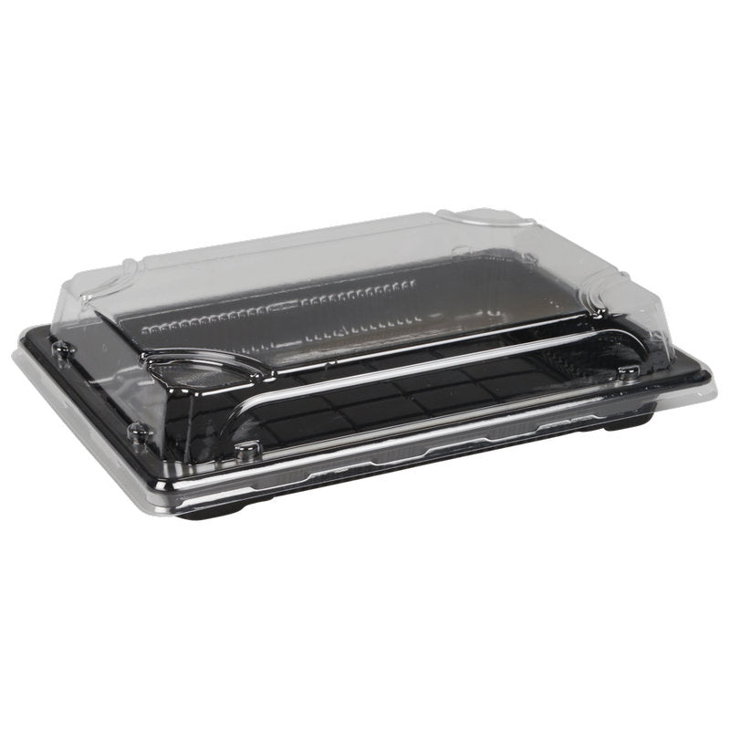 Η Abena Re-Seller GmbH Sushi-to-go Kombi-Pack είναι ένα μαύρο, ορθογώνιο πλαστικό μπολ με διαφανές καπάκι, ιδανικό για τη συσκευασία και παρουσίαση φρέσκου σούσι ή άλλων τροφίμων για φαγητό στο δρόμο.