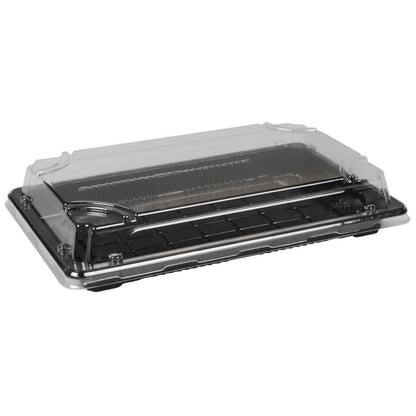 Η Abena Re-Seller GmbH Sushi-to-go Kombi-Pack είναι ένας ορθογώνιος αναδιπλούμενος δοχείο με μαύρο πάτο και διαφανές καπάκι, που είναι τέλειο για την παρουσίαση και τη μεταφορά φρέσκου σούσι ή γλυκών.