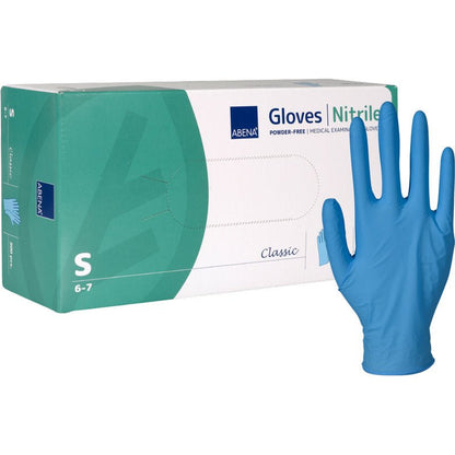 Ένα κουτί Abena Re-Seller GmbH Nitril-Handschuhe Classic, χωρίς πούδρα, μπλε (μέγεθος μικρό) απεικονίζεται με ένα μπλε γάντι όρθιο στα δεξιά. Η πράσινο-λευκο-μπλε συσκευασία ταιριάζει σε ιατρικές εγκαταστάσεις.