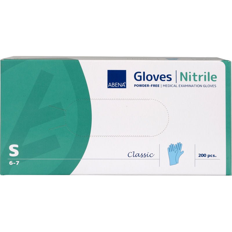 Ένα κουτί Abena Re-Seller GmbH Nitril-Handschuhe Classic, χωρίς πούδρα, μπλε, μέγεθος S (6-7) περιέχει 200 τεμάχια. Η πράσινο-λευκή συσκευασία με απεικόνιση γαντιού είναι ιδανική για ιατρική χρήση.