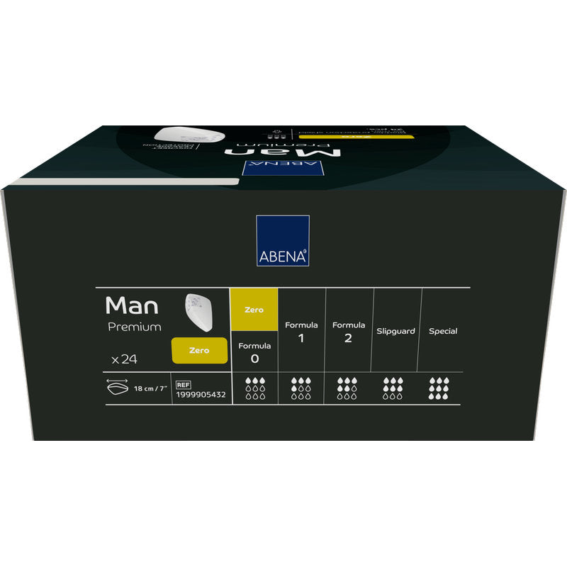 Ένα ορθογώνιο κουτί ABENA Man Zero, Premium από την Abena Re-Seller GmbH περιέχει 24 τεμάχια. Η σκούρα συσκευασία με λευκές και κίτρινες λεπτομέρειες τονίζει τη διακριτική προστασία και διαθέτει εικονίδια για απορροφητικότητα και πληροφορίες προϊόντος.