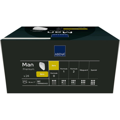 Ένα ορθογώνιο κουτί ABENA Man Zero, Premium από την Abena Re-Seller GmbH περιέχει 24 τεμάχια. Η σκούρα συσκευασία με λευκές και κίτρινες λεπτομέρειες τονίζει τη διακριτική προστασία και διαθέτει εικονίδια για απορροφητικότητα και πληροφορίες προϊόντος.