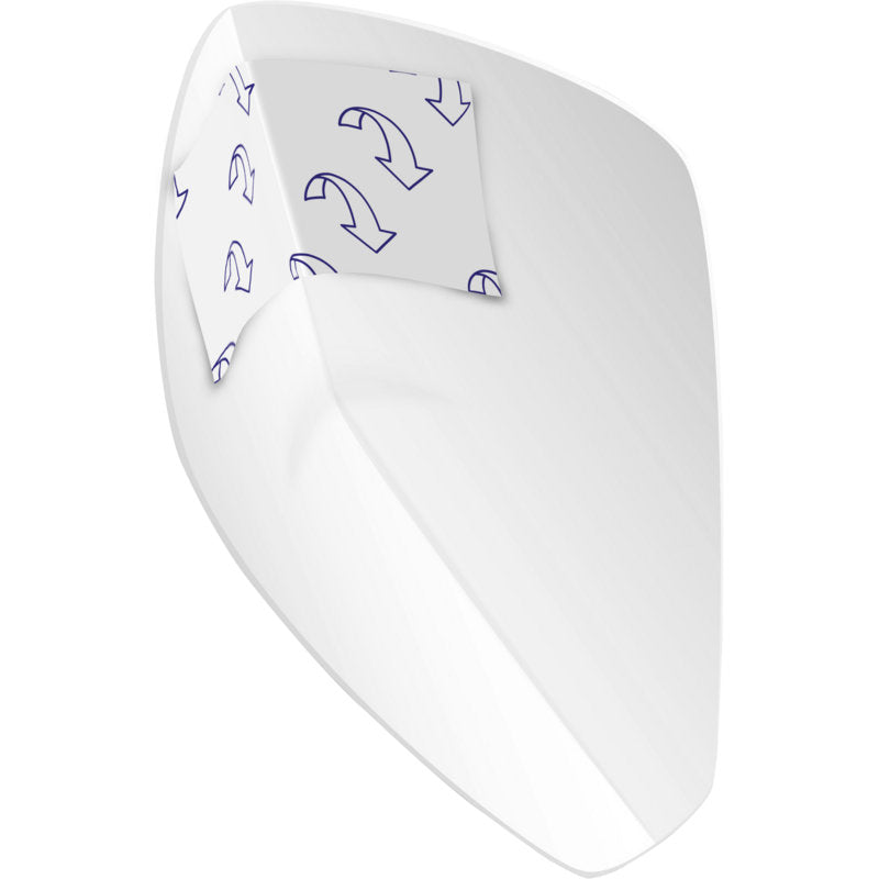 Μια λευκή αυτοκόλλητη μεμβράνη σε σχήμα καθρεφτών αυτοκινήτου, με αφαιρούμενη πίσω πλευρά και σύμβολα βελών για εύκολη αφαίρεση - παρόμοια με τη διακριτική προστασία της ABENA Man Zero, Premium από την Abena Re-Seller GmbH (συσκευασία με 24 τεμάχια).