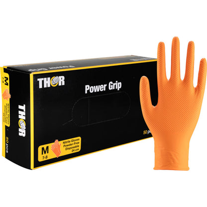 Eine Schachtel Abena Re-Seller GmbH Thor Power Grip, Orange Nitrilhandschuhe (Größe M, 50 Stück) mit einem texturierten Handschuh, der aufrecht neben der Schachtel abgebildet ist. Ideal für Griffkraft und Unterarmtraining.