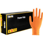 Abgebildet ist eine Schachtel Thor Power Grip, Orange Nitrilhandschuhe der Abena Re-Seller GmbH, neben der ein Handschuh aufrecht steht. Die schwarz-gelbe Verpackung hebt die Größe L hervor, enthält 50 Handschuhe und vermarktet sie als Handkraft Trainer.