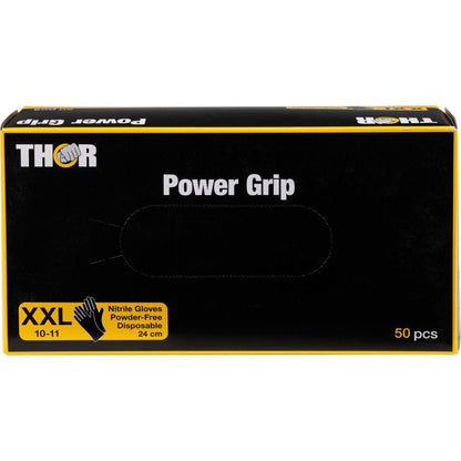 Το κουτί Thor Power Grip, Schwarz της Abena Re-Seller GmbH περιέχει 50 μαύρα-κίτρινα, γάντια νιτριλίου μιας χρήσης χωρίς πούδρα στο μέγεθος XXL (10-11). Η επιγραφή για προπόνηση δύναμης είναι τυπωμένη στο μπροστινό μέρος σε λευκό και κίτρινο.