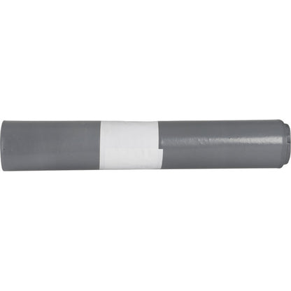 Μια τυλιγμένη γκρι πλαστική σακούλα απορριμμάτων με λευκή ετικέτα βρίσκεται σε ένα απλό λευκό φόντο. Οι σακούλες απορριμμάτων για Sækko Boy 120 (55 my LDPE ανακυκλωμένο) της Abena Re-Seller GmbH είναι ιδανικές για βιώσιμη απόρριψη απορριμμάτων.