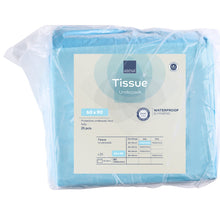 Eine hygienische, wasserfeste 25er-Packung ABENA Tissue Einweg-Unterlage (6-lagig, 60x90 cm, blau) der Abena Re-Seller GmbH ist mit blauen und weißen Produktinfos auf der Verpackung versehen.