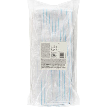 Μια διαφανής πλαστική συσκευασία περιέχει 25 λευκά προστατευτικά καλύμματα της Abena Re-Seller GmbH, PE με επίστρωση, 48 νήματα, 80x170 cm. Στην μπροστινή πλευρά είναι κολλημένη μια ορθογώνια ετικέτα με κείμενο και σύμβολα που υποδεικνύουν την ιατρική προστασία.