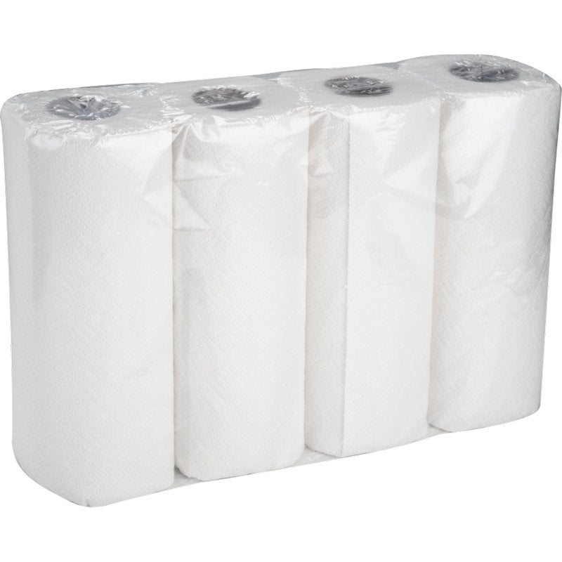 Ein Karton der Abena Re-Seller GmbH enthält 8 Packungen Küchenrolle mit je vier 2-lagigen weißen Rollen (26 cm x 14 m), saugfähig und in Klarsichtfolie verpackt.