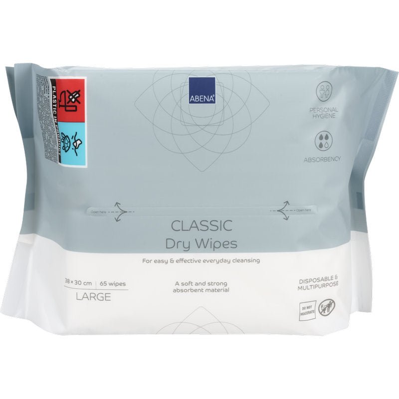 Μια συσκευασία με 65 Abena Classic μιας χρήσης πετσέτες, λευκές, 30x38 cm η καθεμία, από την Abena Re-Seller GmbH. Χαρακτηρίζεται από υγιεινό καθαρισμό, ισχυρή απορροφητικότητα και ευέλικτη χρήση μιας χρήσης για την περιποίηση σώματος.