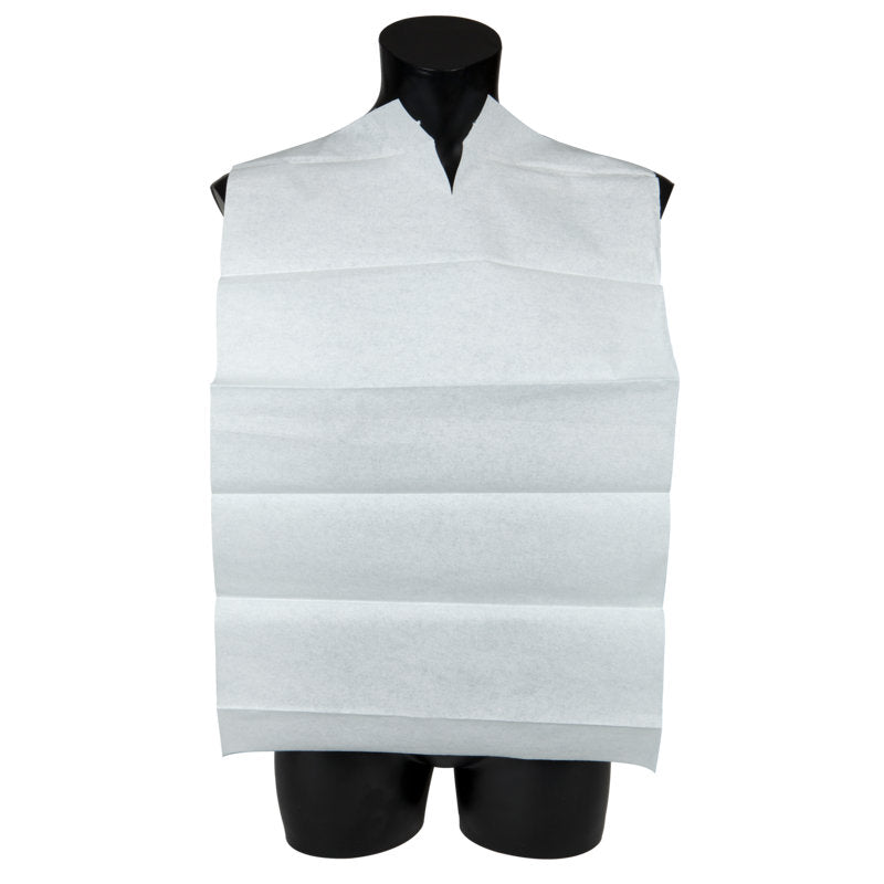 Ein weißer Speiselatz Einweg Blau/Weiß o.Tasche (38x70 cm) von Abena Re-Seller GmbH bedeckt Brust und Schultern eines schwarzen Schaufensterpuppen-Torsos und verfügt über eine Halsaussparung für sicheren Sitz. Packung: 100 Stück.