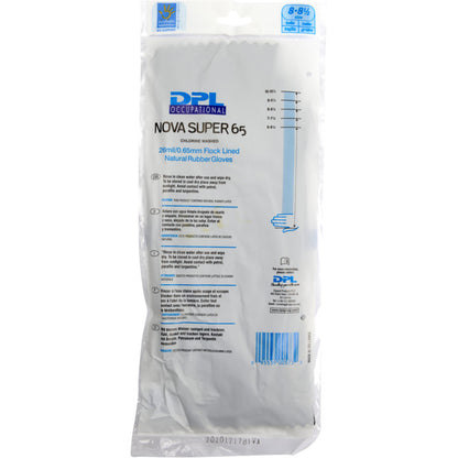 Μια συσκευασία γαντιών οικιακής χρήσης Latex της Abena Re-Seller GmbH, μαύρα, μέγεθος 8-8½, με πληροφορίες προϊόντος και οδηγίες εκτυπωμένες στο μπροστινό μέρος με μπλε και μαύρα γράμματα.