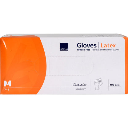 Die weiße Box mit orangen Akzenten enthält 100 Abena Re-Seller GmbH Latex-Handschuhe Classic, puderfrei, lang, natur, Größe M (7-8), mit verlängerter Manschette für extra Schutz.