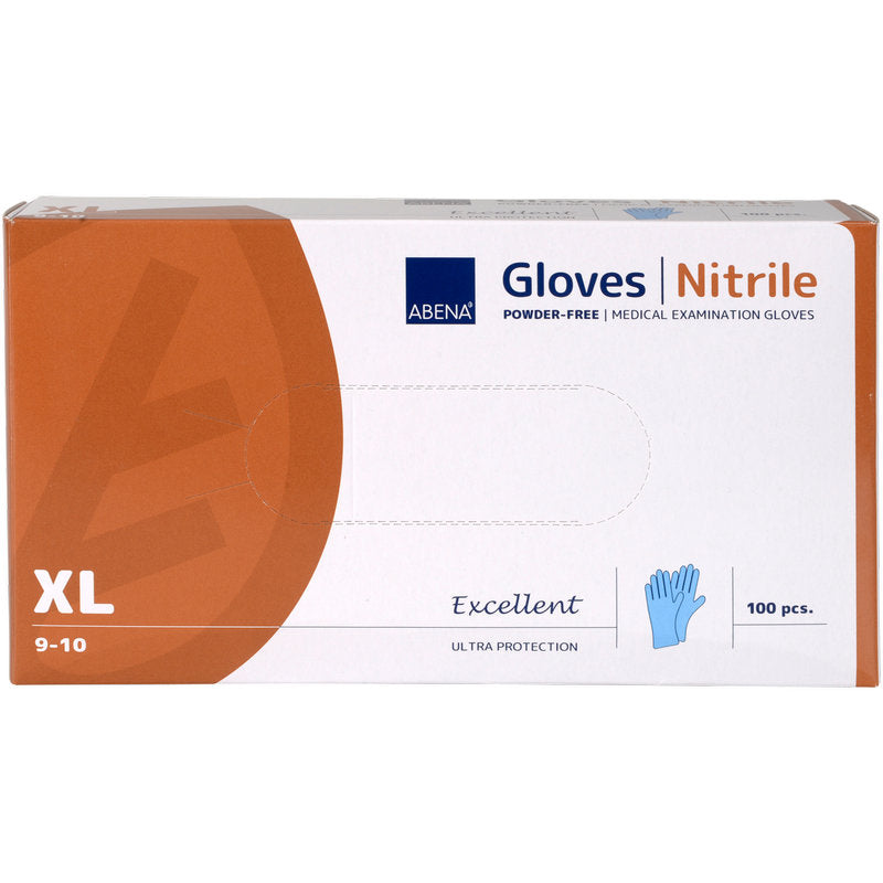 Eine Schachtel Abena Re-Seller GmbH Nitril-Handschuhe Excellent in XL, puderfrei, blau (100 Stück). Die meist weiße Schachtel hat orange Akzente und zeigt eine blaue Handschuhabbildung.