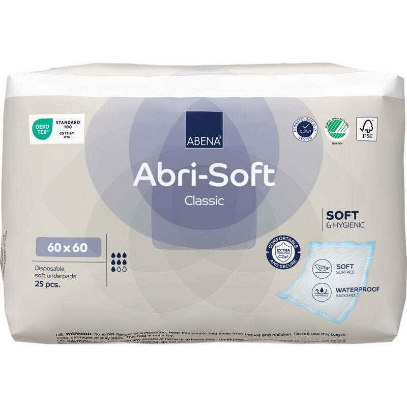 Η συσκευασία των 25 τεμαχίων της Abena Re-Seller GmbH μιας χρήσης υπόστρωμα, Abri-Soft Classic (60x60 cm, Μπλε) προσφέρει μια απαλή επιφάνεια, υγιεινή και αδιάβροχη προστασία καθώς και μια φιλική προς το περιβάλλον πιστοποίηση.