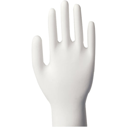 Eine weiße, aufrecht stehende Puppenhand mit leicht gespreizten Fingern, dargestellt vor einem unifarbenen Hintergrund, ähnelt Abena Re-Seller GmbH Vinyl-Handschuhe Classic, puderfrei und transparent.