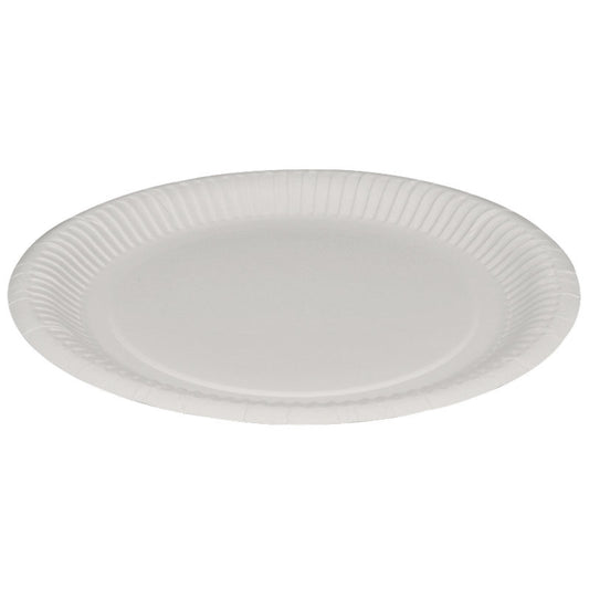 Der Pappteller Rund, Weiß von Abena Re-Seller GmbH ist ein schlichter runder weißer Teller mit strukturiertem Rand - perfekt als umweltfreundlicher Einwegteller für jede Gelegenheit.