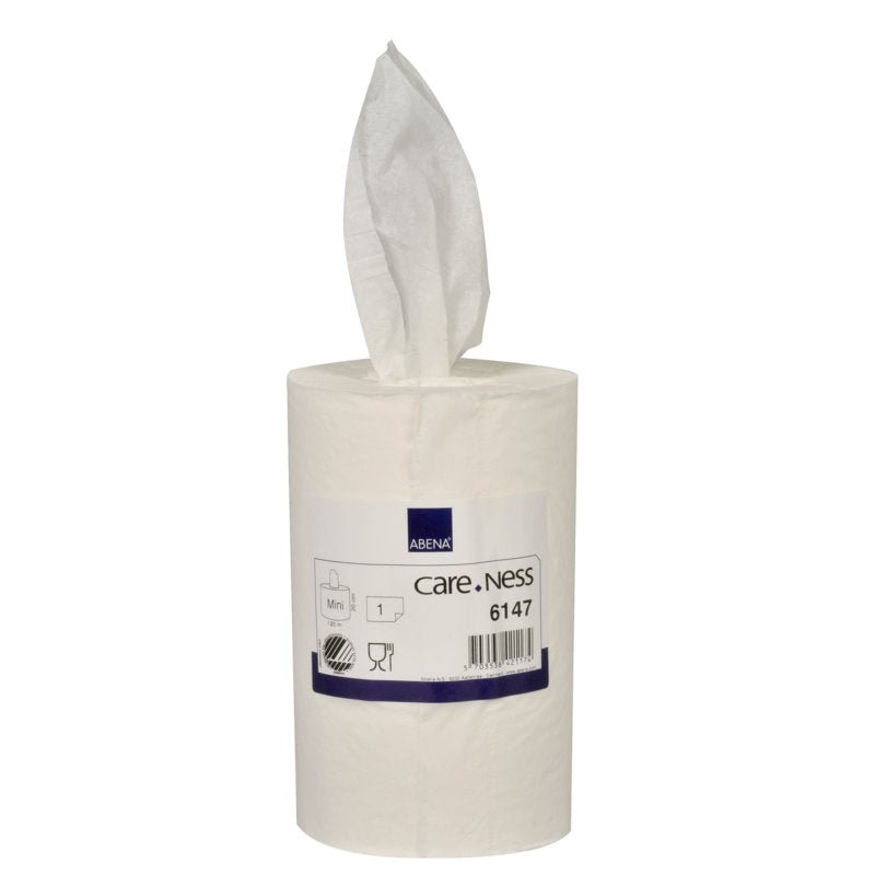 Απεικονίζεται ένα λευκό ρολό πετσέτας Abena Re-Seller GmbH Mini (1-στρώση, 20 cm x 120 m) με ένα φύλλο που ανασύρεται από το κέντρο. Η ετικέτα δείχνει το όνομα του προϊόντος και λεπτομέρειες. Το κουτί περιέχει 12 συσκευασίες.